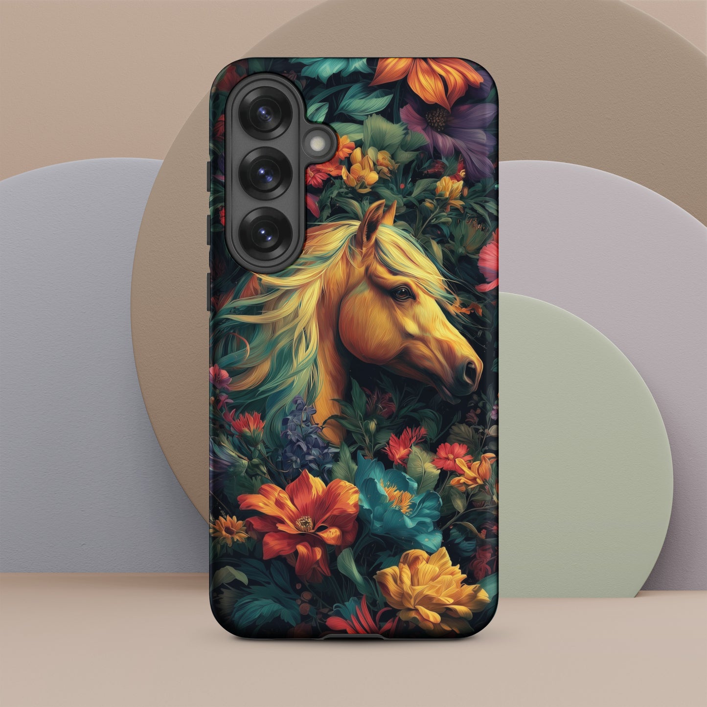 Samsung tough phone case with a horse and floral design on a colorful background by Sweet and Savage.