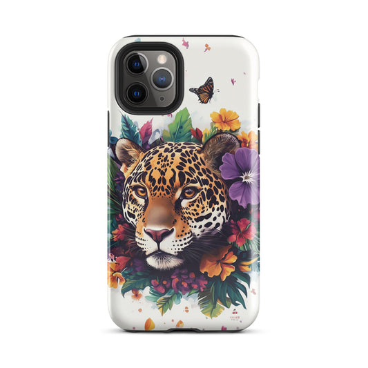 iPhone case with a jaguar design surrounded by flowers and butterflies on a white background by Sweet and Savage.