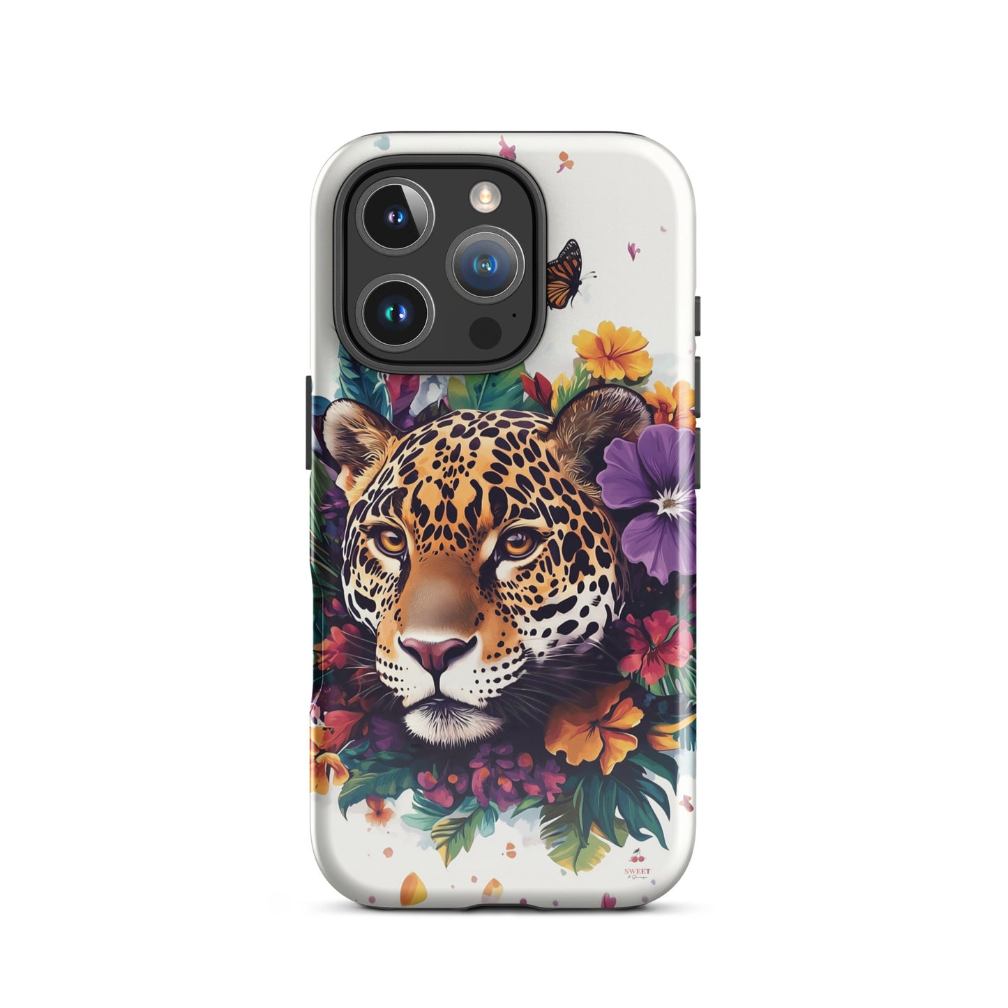iPhone case with a jaguar design surrounded by flowers and butterflies on a white background by Sweet and Savage.