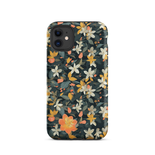 Tough iPhone® case featuring a dark botanical pattern with white jasmine flowers and mint-colored accents.