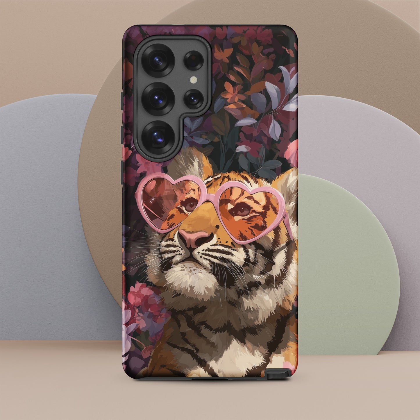 Samsung phone case with a tiger design wearing heart-shaped sunglasses by Sweet and Savage.
