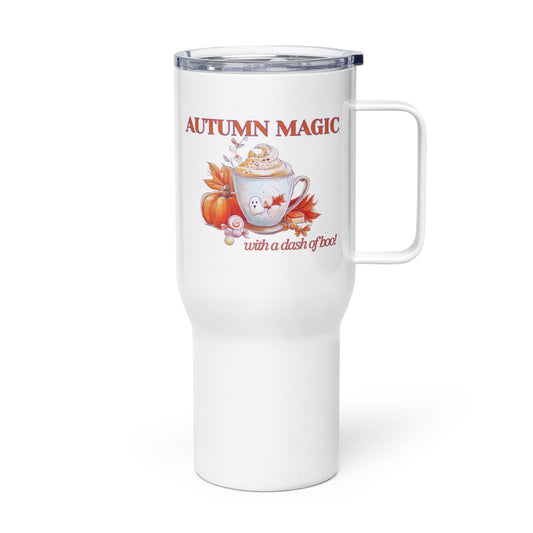 A white insulated travel tumbler with a clear lid and handle, featuring an autumn-themed graphic with the text 'AUTUMN MAGIC with a dash of boo!' and an illustration of a mug, pumpkin, and fall leaves by Sweet & Savage.