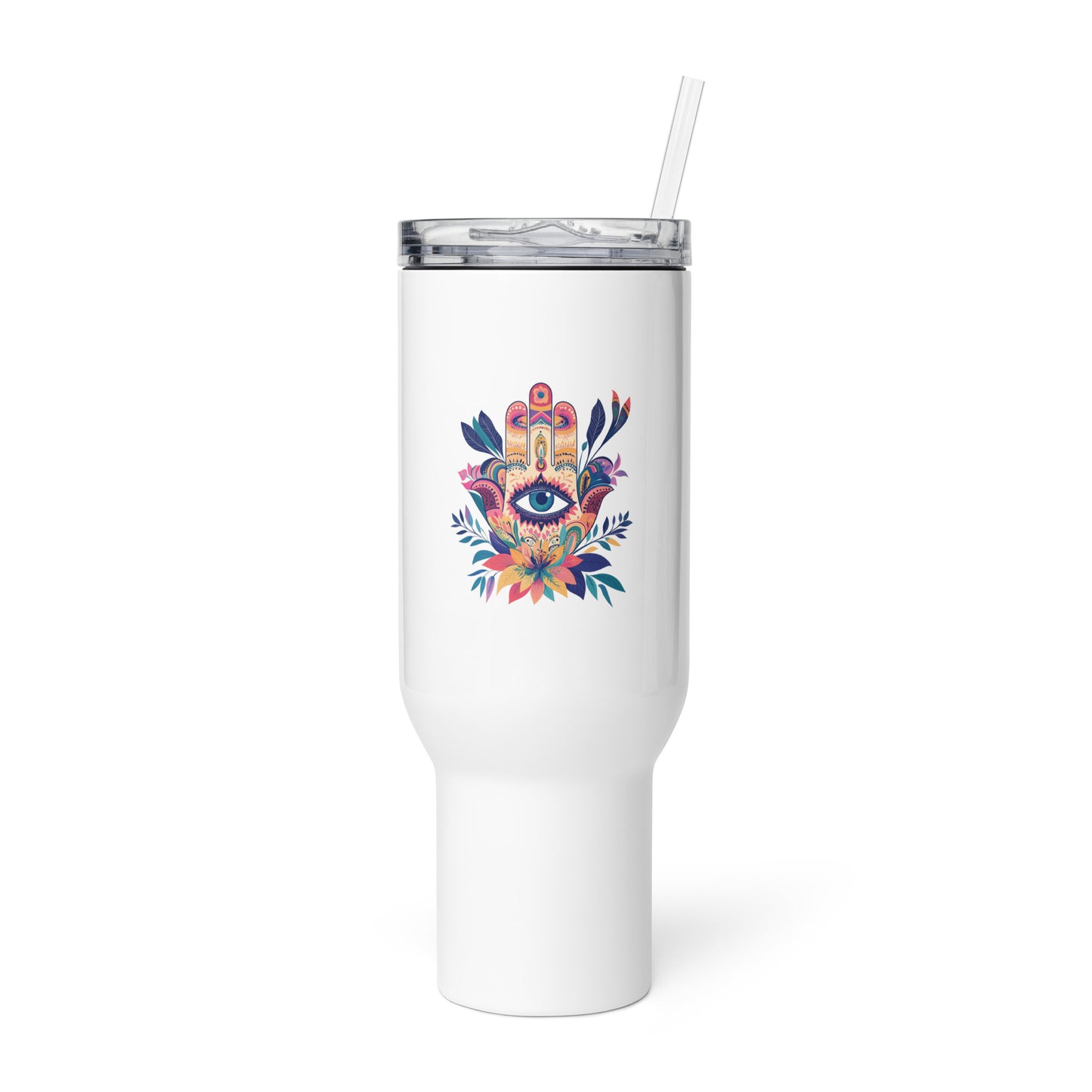 Large white travel mug with a handle featuring a colorful Hamsa hand art print on a table.