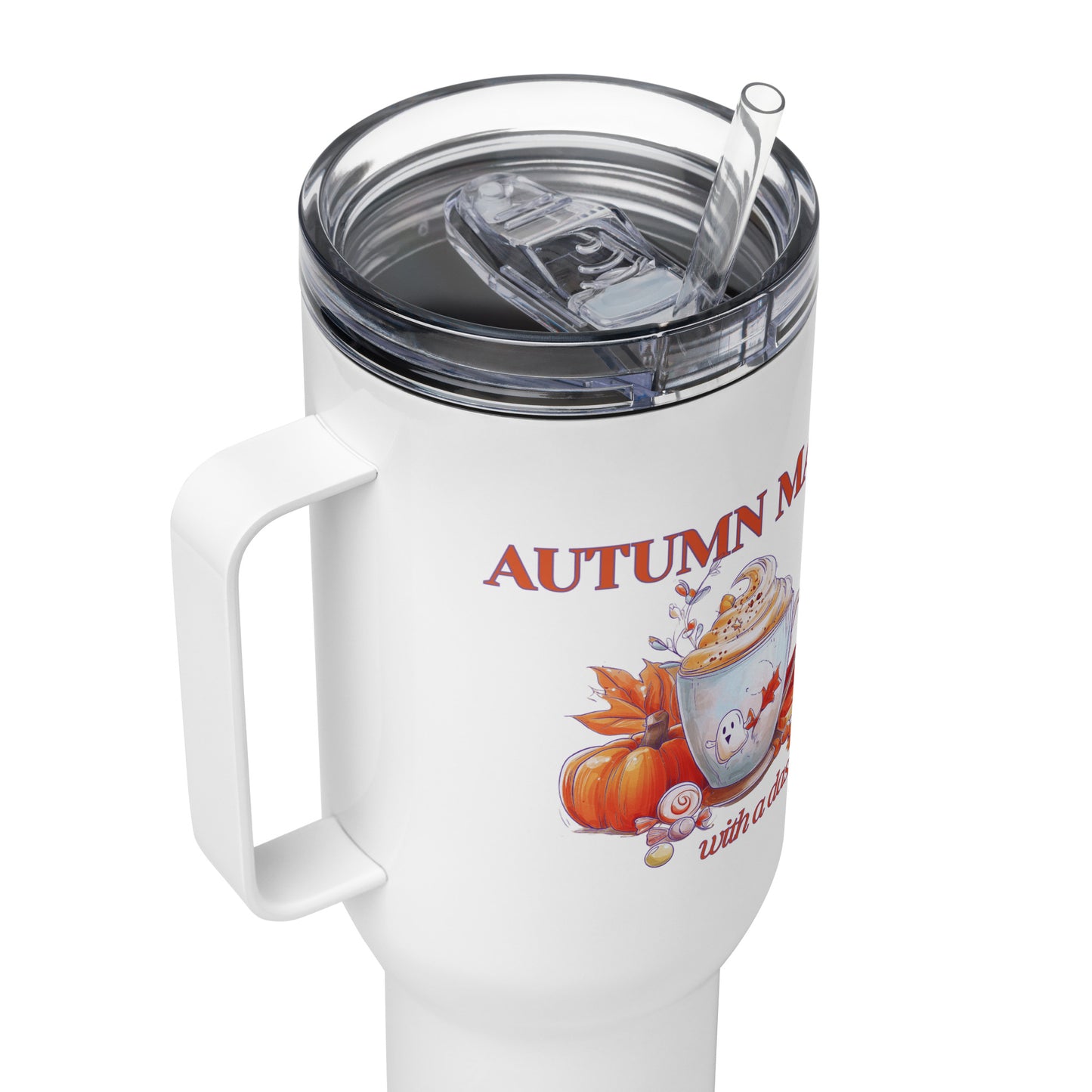A white insulated travel tumbler with a clear lid and straw, featuring an autumn-themed graphic with the text 'AUTUMN MAGIC' and a pumpkin illustration.