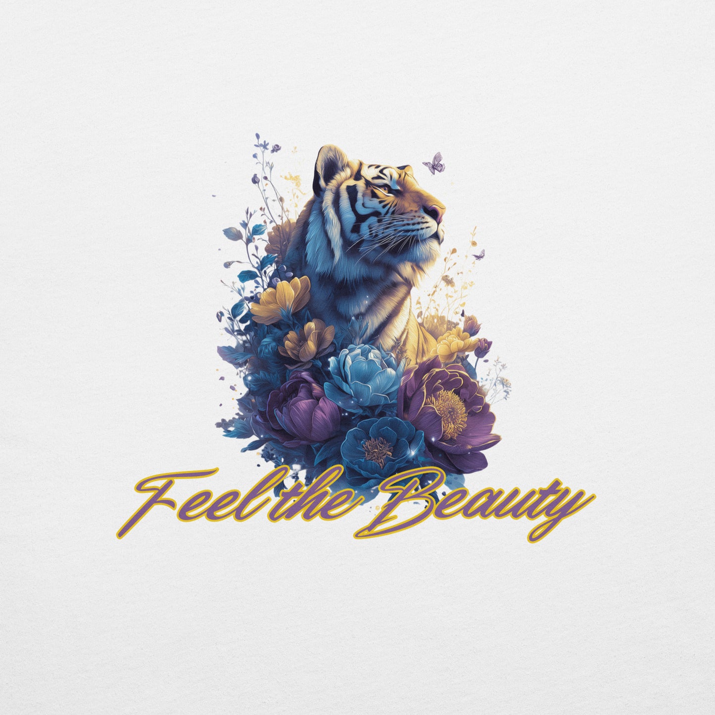 Tiger surrounded by flowers with 'Feel the Beauty' text on a light gray background