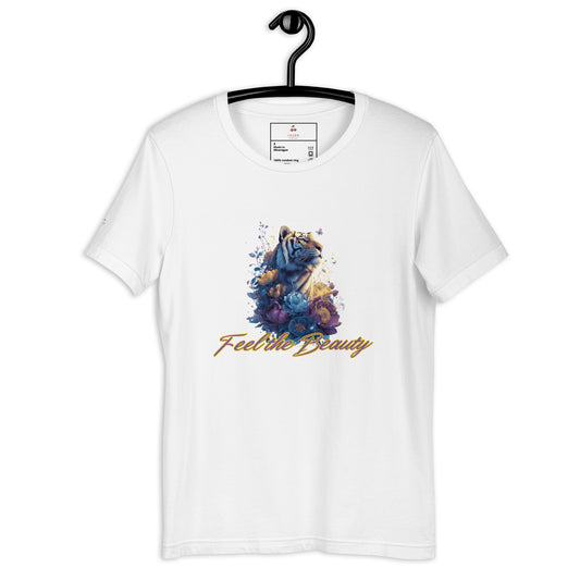 White t-shirt with floral design and 'Feel the Beauty' text on a hanger