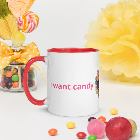 White ceramic mug with a vibrant red rim and handle, featuring a colorful circular illustration of assorted candies and sweets