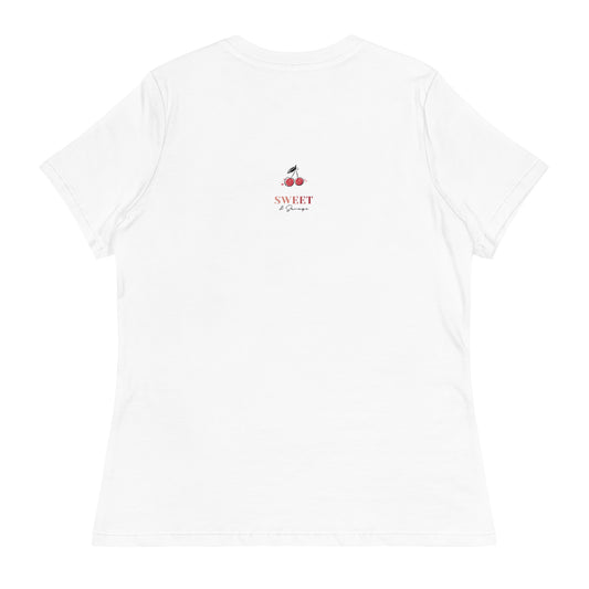 Relaxed fit white t-shirt with a butterfly graphic on the front and Sweet & Savage logo on the back, made-to-order sustainable apparel.