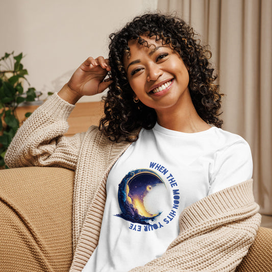 Relaxed fit white t-shirt featuring "When the moon hits your eye" Dean Martin quote graphic, sustainable cotton, by Sweet & Savage.