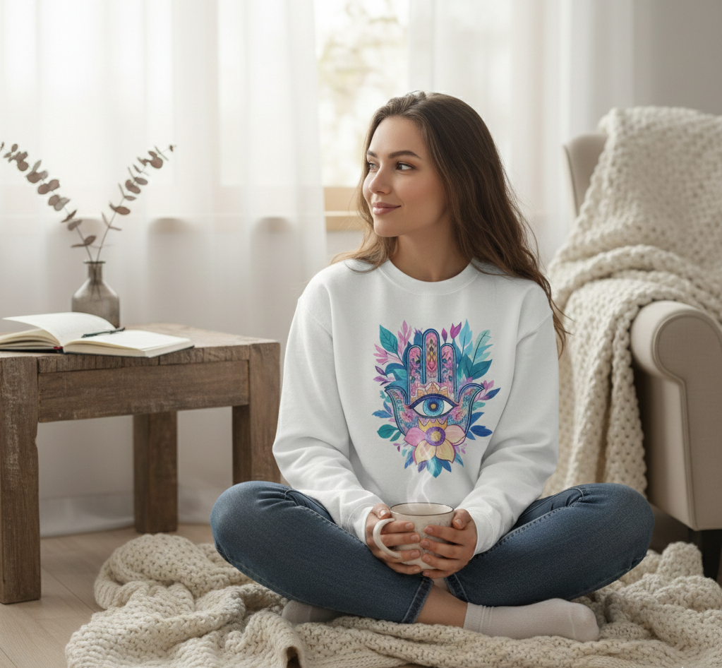 Young woman sitting on a knit blanket in a sunlit room, wearing a white Hamsa watercolor sweatshirt and holding a steaming mug, cozy morning lifestyle aesthetic.