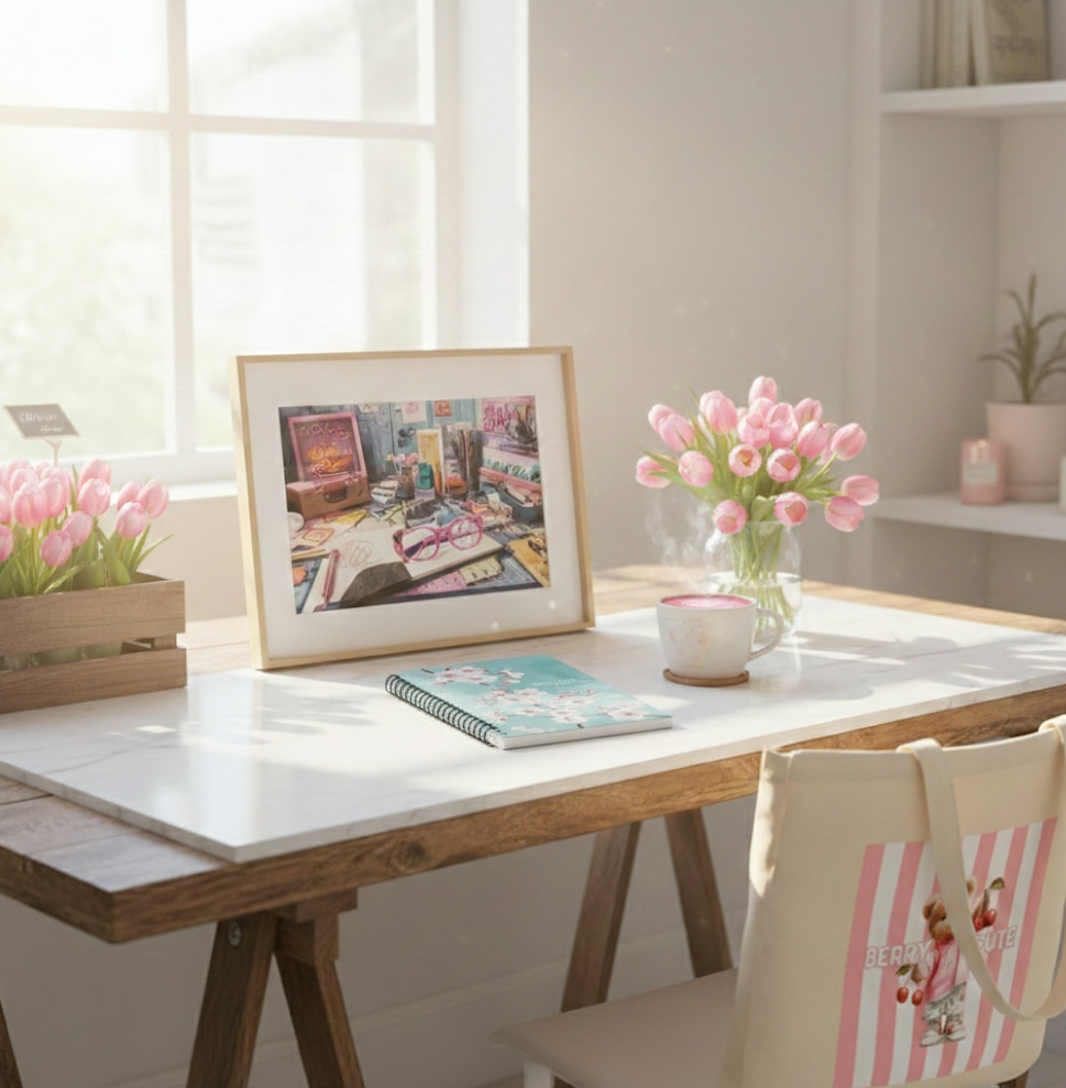 A bright Danish home studio featuring the Creative Bunker framed art, a teal Cherry Blossom spiral notebook, and a Berry Cute eco-tote bag. The marble desk is decorated with pink tulips and a steaming latte, embodying soulful pink energy for spring.