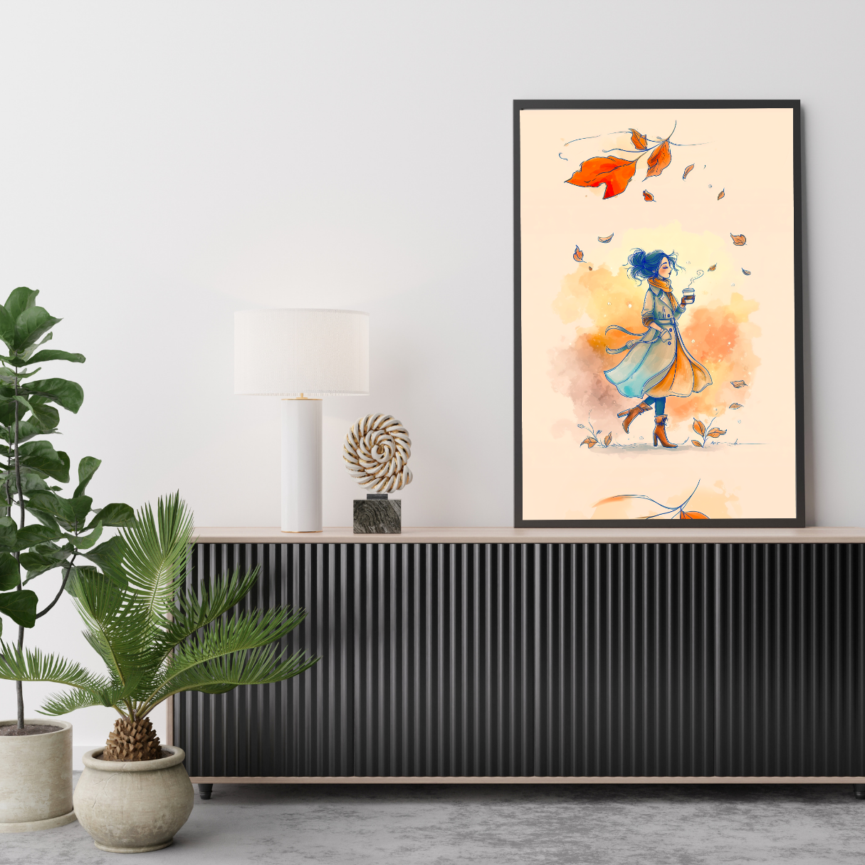 framed poster of a young woman enjoying a cup of coffee while walking