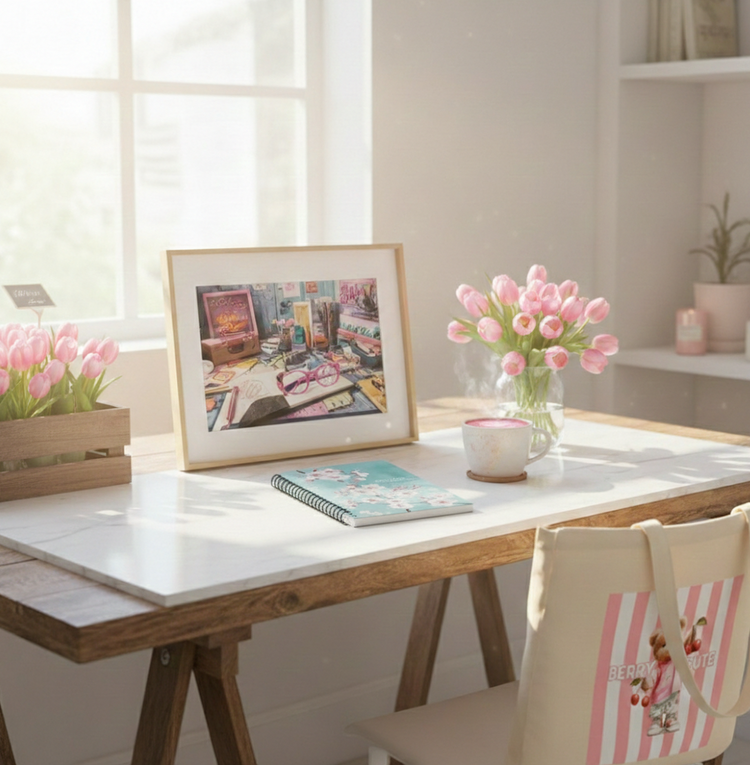 Hero image for the Soulful Pink Energy collection featuring the Creative Bunker framed art, a teal Cherry Blossom spiral notebook, and a Berry Cute eco-tote bag on a sunlit marble desk with pink tulips and coffee.