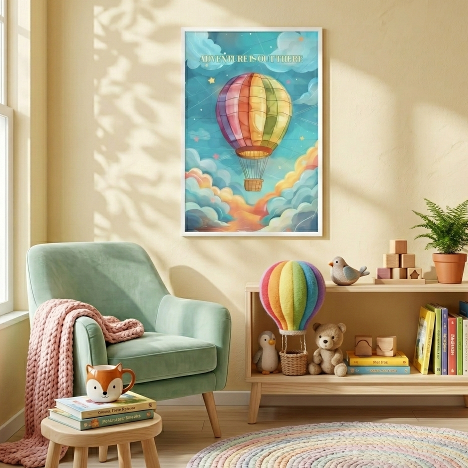 Children's room with a colorful hot air balloon framed poster with text 'Adventure is out there', with green armchair, and wooden shelf.