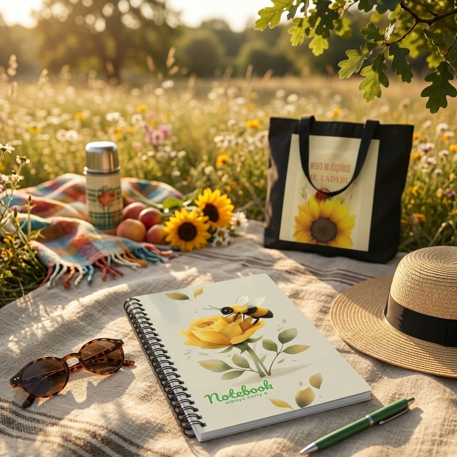 Picnic setup with spiral notebook with the words 'Always Carry a Notebook', sunflowers, and tote bag with a ladybug design in a field. 