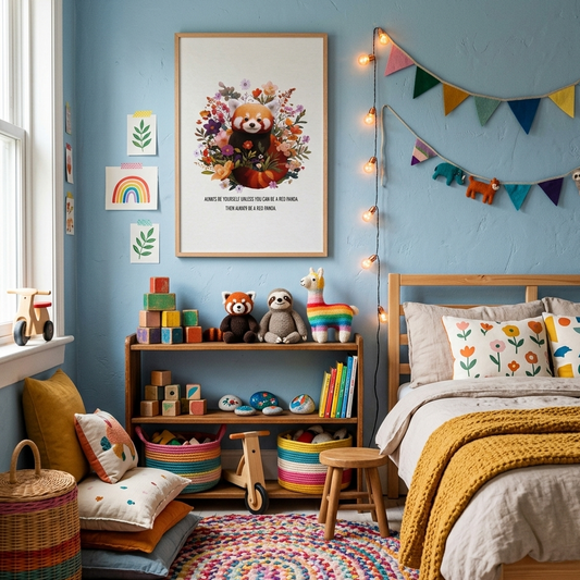 Lifestyle mockup of the framed 'Always Be a Red Panda' art poster in a colorful and cozy children's room. The poster is styled on a blue wall above toys and soft decor, showcasing a 'hygge' atmosphere. Modern nursery wall art by Sweet & Savage.