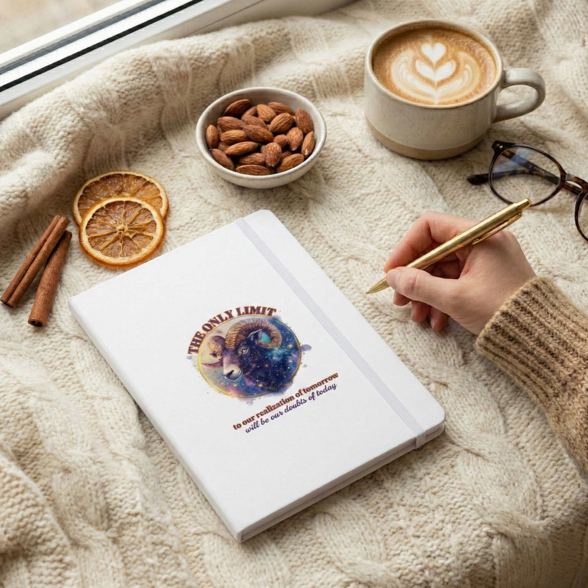 White hardcover Aries zodiac journal with a cosmic ram illustration and quote on a cozy cream knit blanket next to a latte.