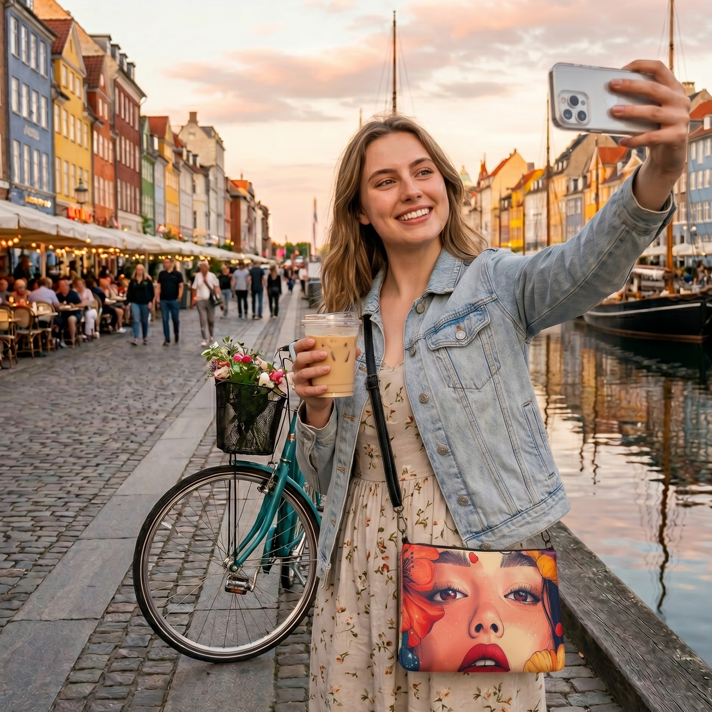 Woman taking a selfie by a canal while wearing a colorful crossbody bag that has an artistic face design by Sweet and Savage. The atmosphere is that of early summer evening in Nyhavn, Københaven. 