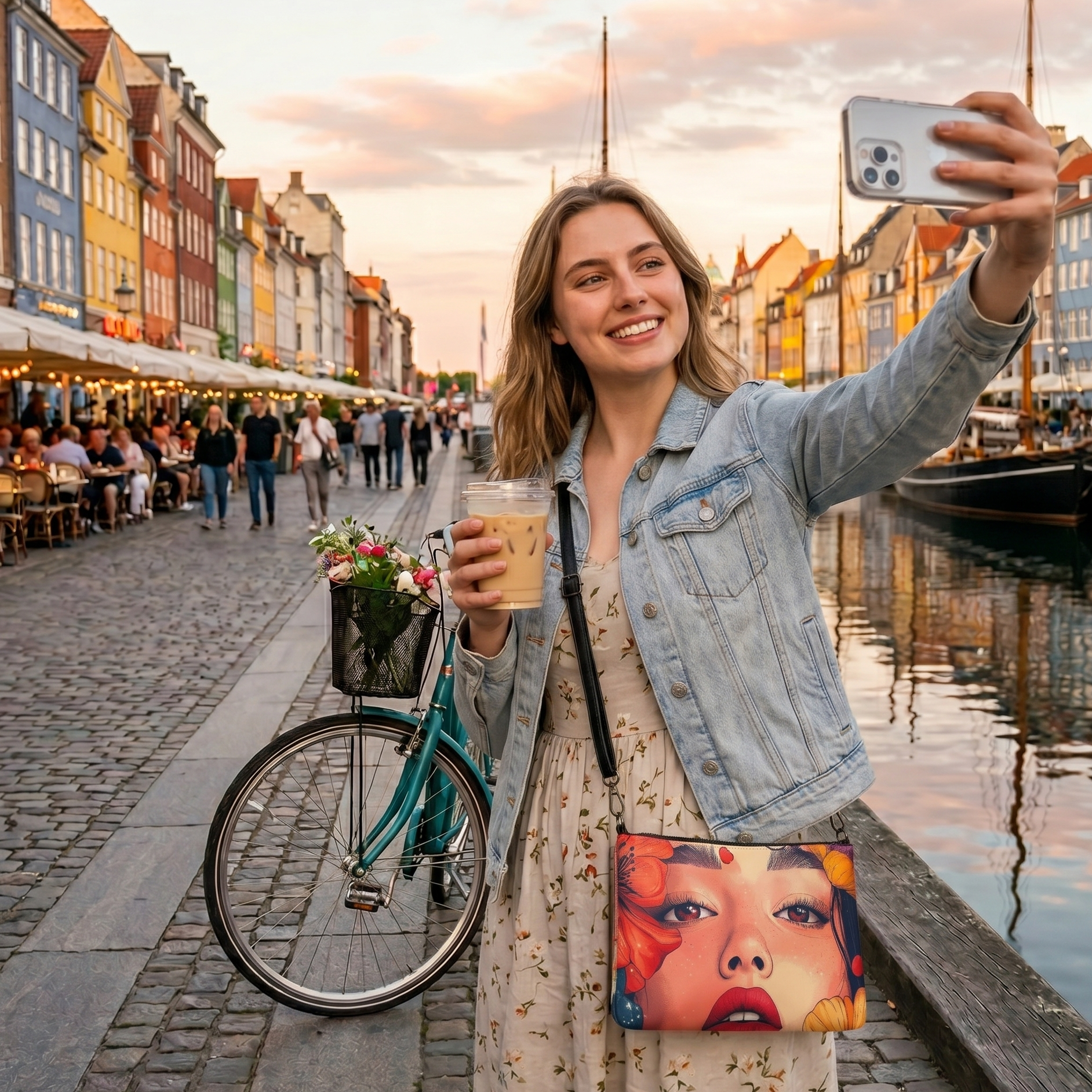 Woman taking a selfie by a canal while wearing a colorful crossbody bag that has an artistic face design by Sweet and Savage. The atmosphere is that of early summer evening in Nyhavn, Københaven. 