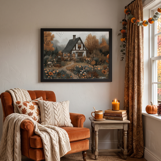 Autumn Cottage Framed Poster | Cozy Fall Landscape Wall Art
