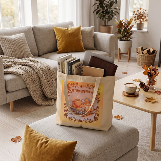 A beige canvas tote bag with 'AUTUMN HAPPINESS' printed on the front, filled with books and accessories, styled on a light gray ottoman in a cozy, modern living room.