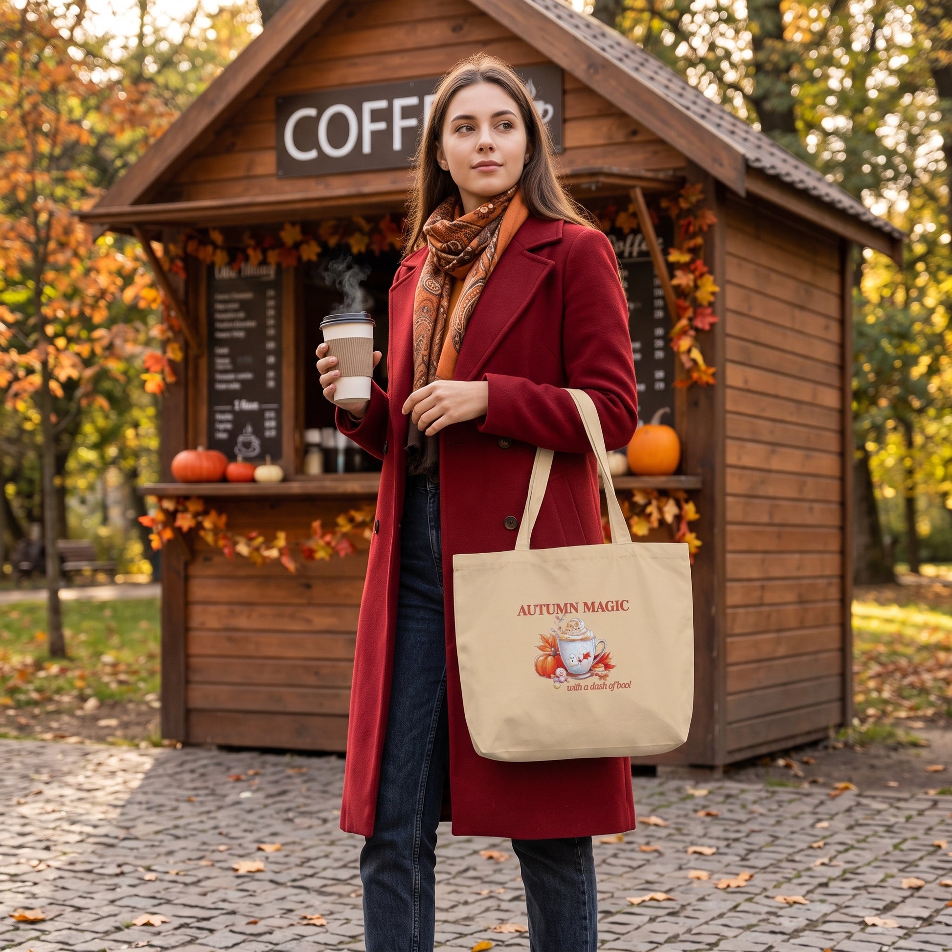 A woman stands outdoors in front of a small wooden coffee stand, holding a coffee cup and carrying a beige tote bag printed with the words 'AUTUMN MAGIC WITH A DASH OF BOO' and a fall-themed illustration by Sweet & Savage. The scene includes autumn leaves, pumpkins, trees, and a paved ground.
