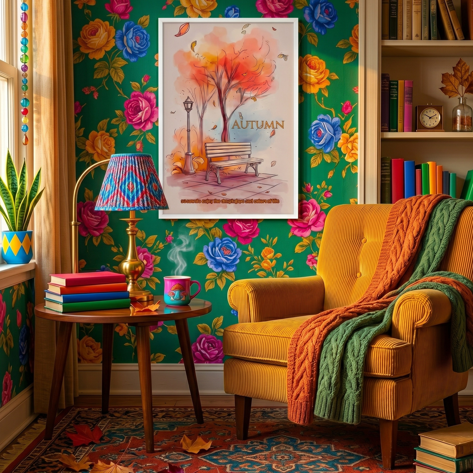 Cozy living room with a yellow armchair, colorful wall, and autumn-themed decor.