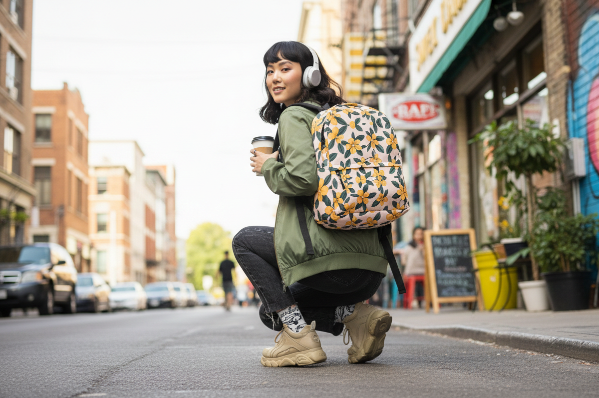 Lifestyle mockup of a young woman crouching on a vibrant city street, wearing the Sweet & Savage colorful floral backpack. The backpack features a bold yellow and black floral pattern on a light pink background, highlighting its spacious design and urban aesthetic.