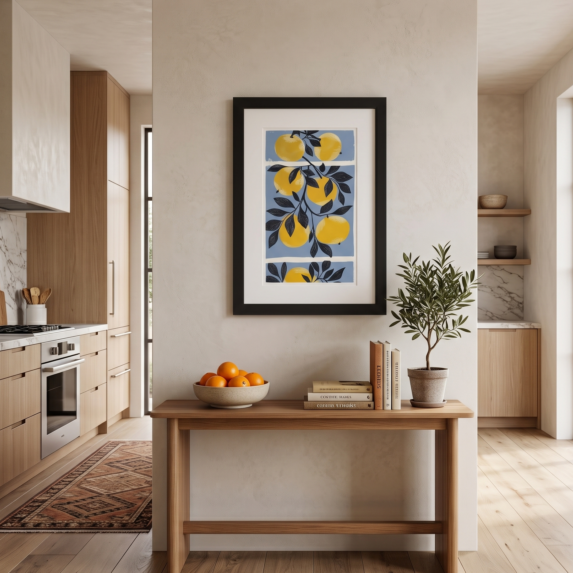 Modern kitchen with a wooden table, bowl of oranges, books, and a plant. A framed artwork of yellow apples by Sweet & Savage hangs on the wall.