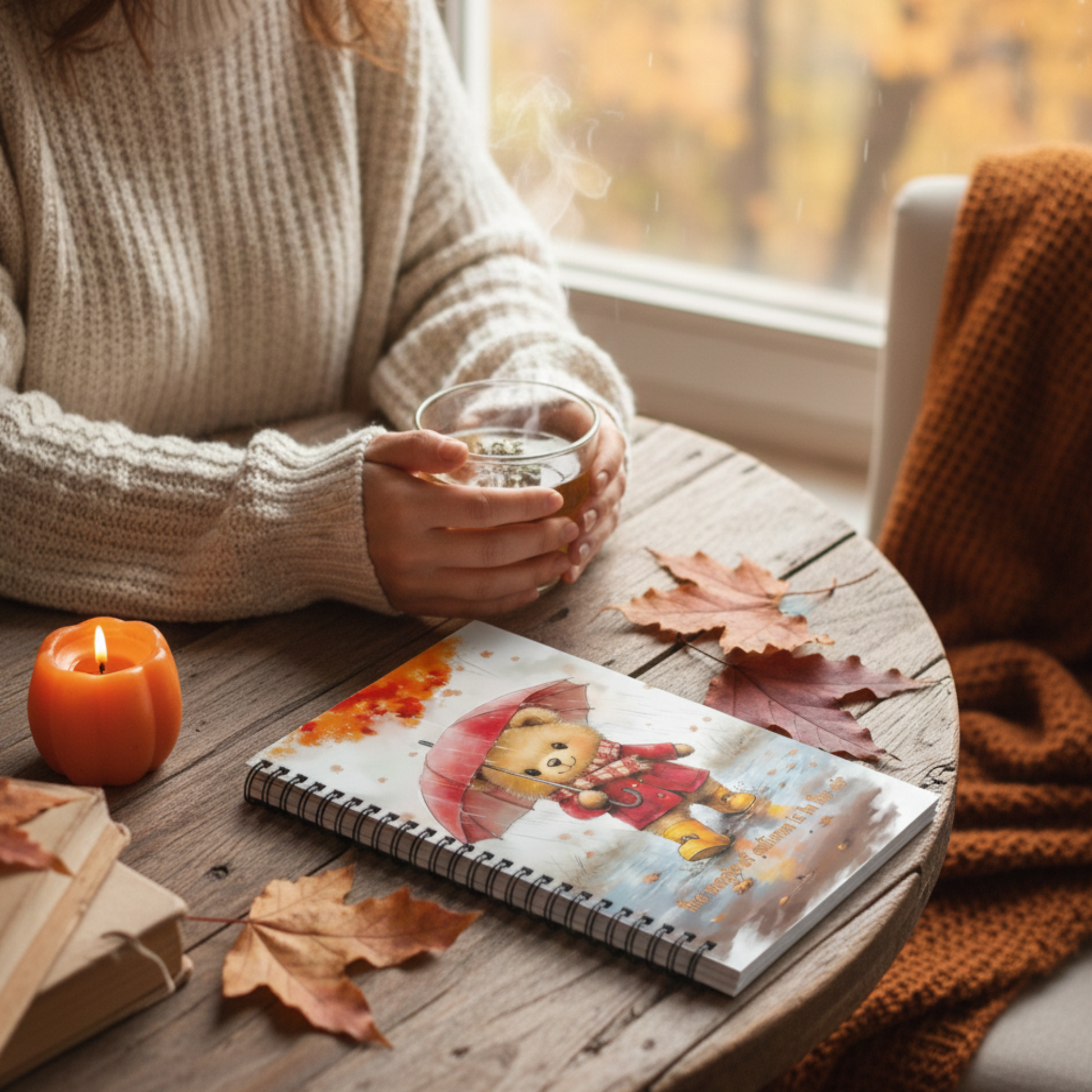 A cozy autumn lifestyle mockup featuring the Sweet & Savage 'Magic of Autumn' spiral notebook. A woman in a cream cable-knit sweater holds a steaming cup of tea at a rustic wooden table with a pumpkin candle, fallen maple leaves, and the illustrated bear notebook.