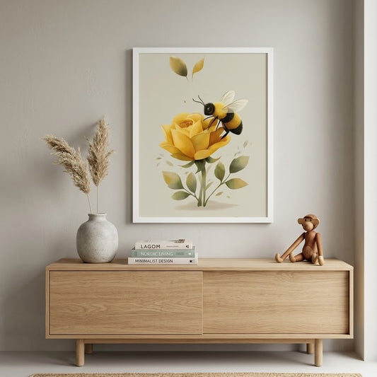 Wooden sideboard with decorative items including a vase, books, and a figurine, with a floral painting above on a beige wall.