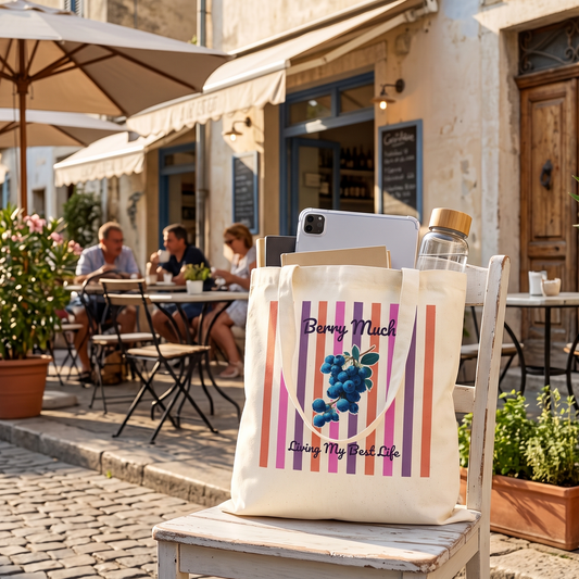 A cream canvas tote bag with colorful vertical stripes and a blueberry illustration sits on a white wooden chair in a sunlit outdoor cafe setting. The bag is printed with the text 'Berry Much' and 'Living My Best Life'.