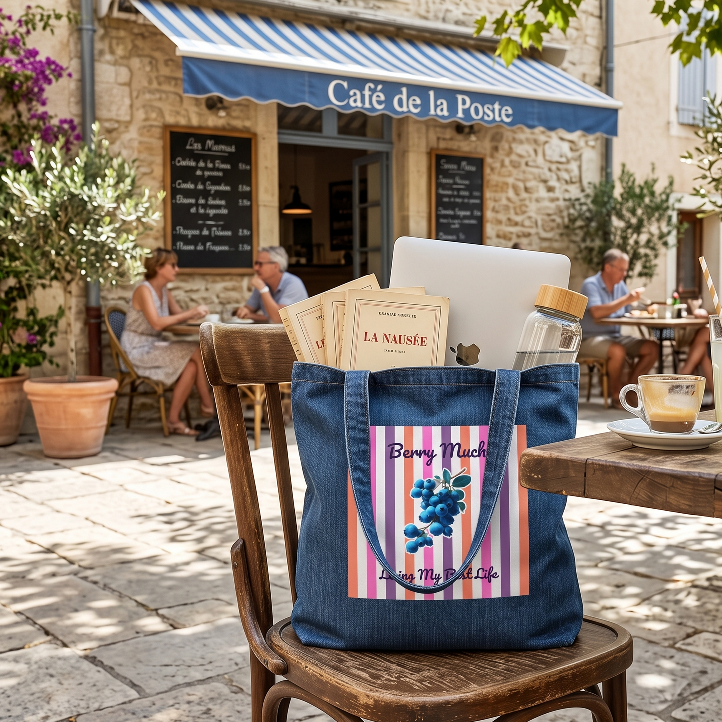 A blue denim tote bag with a colorful striped and blueberry graphic with words 'Berry Much' and 'Living My Best Life' sits on a wooden chair at an outdoor cafe. The bag is styled with a laptop, a water bottle, and a notebook, with the cafe 'Café de la Poste' visible in the background.