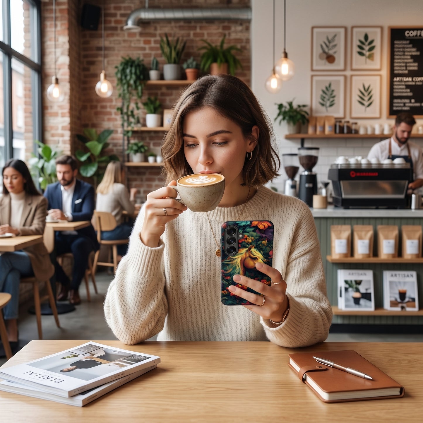 A woman in a cozy cream knit sweater sits at a cafe table, holding a cup of latte art and holding a Samsung smartphone with a colorful cover of a horse and exotic flowers. The background shows a warm, stylish coffee shop with brick walls, plants, and other patrons.
