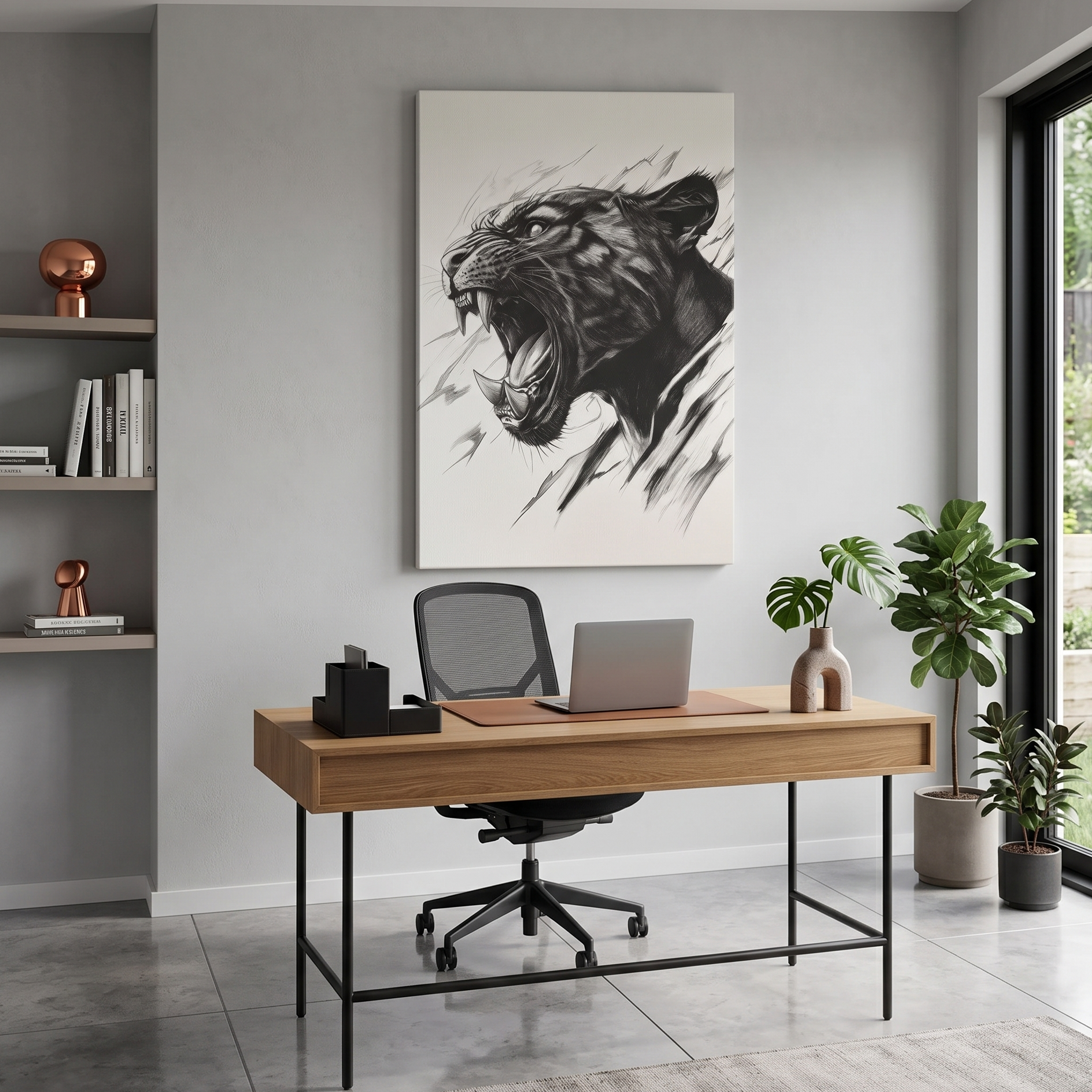 Black panter with its mouth open printed on a canvas and hanging on a wall of a home office that has Scandi decor. 