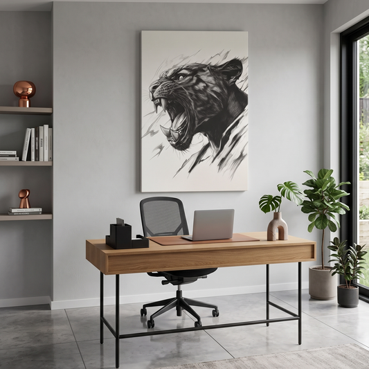 Black panter with its mouth open printed on a canvas and hanging on a wall of a home office that has Scandi decor. 