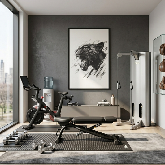 Modern home gym with exercise equipment and a large framed poster of a black panther. 