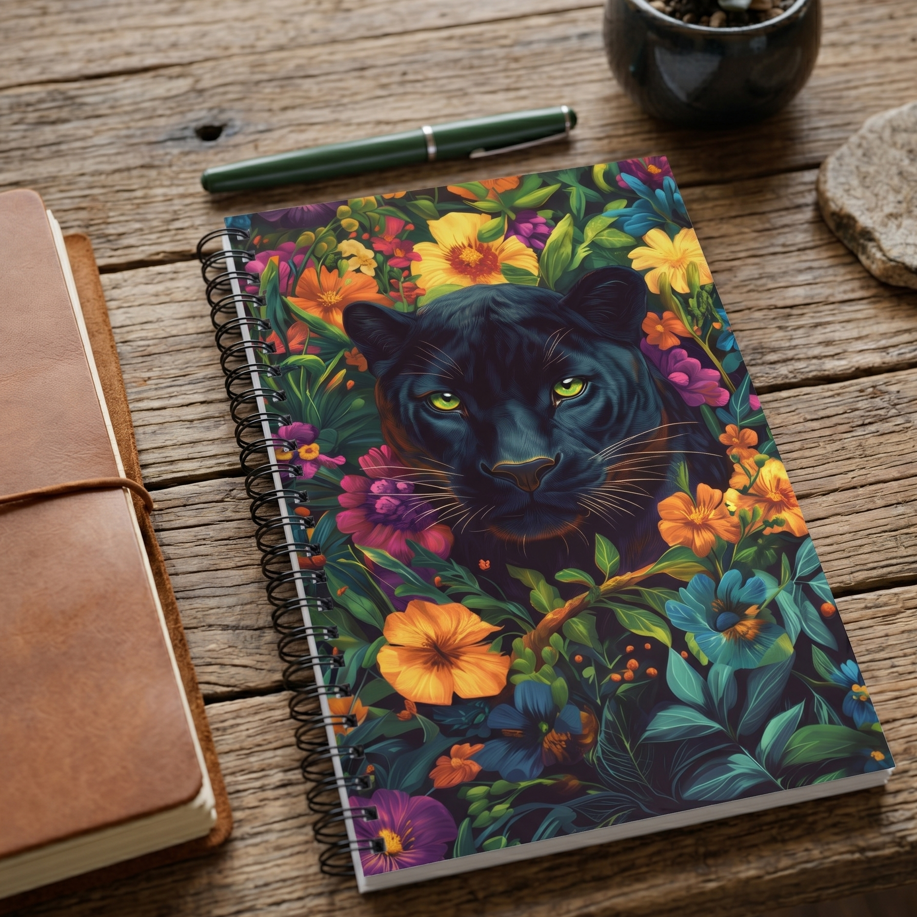 Spiral notebook with a black panther design on a wooden surface next to a leather bound planner and a green pen. 