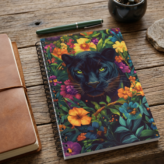 Spiral notebook with a black panther design on a wooden surface next to a leather bound planner and a green pen. 