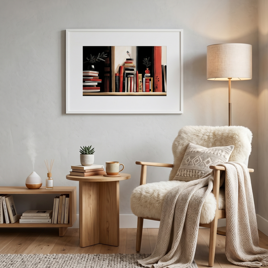 Cozy nook with armchair, side table, and framed poster of a bookshelf filled with books hanging on the wall.