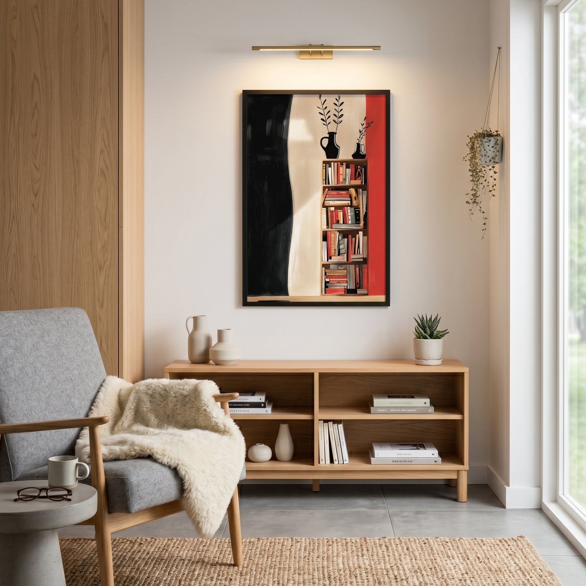 Modern living room with a bookshelf, armchair, and abstract painting.
