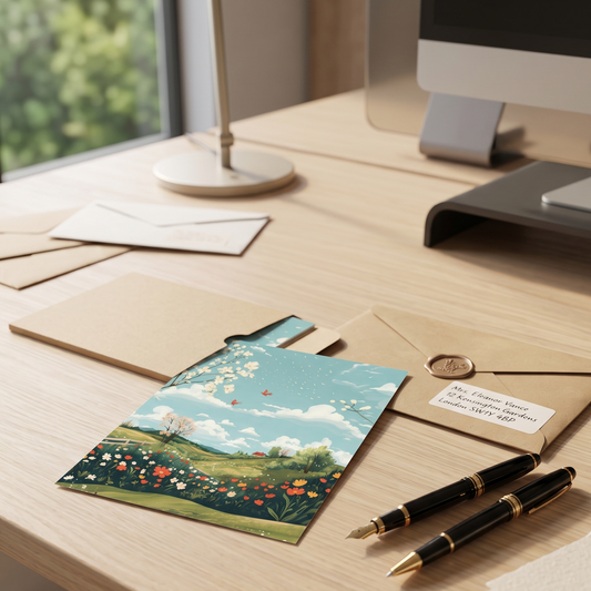 Desk with stationery items including a landscape card designed by Sweet & Savage, envelopes, and fountain pens.