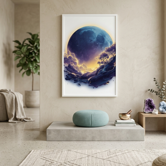 Framed poster of a celestial scene in a meditation room that is decorated with wellness items. 