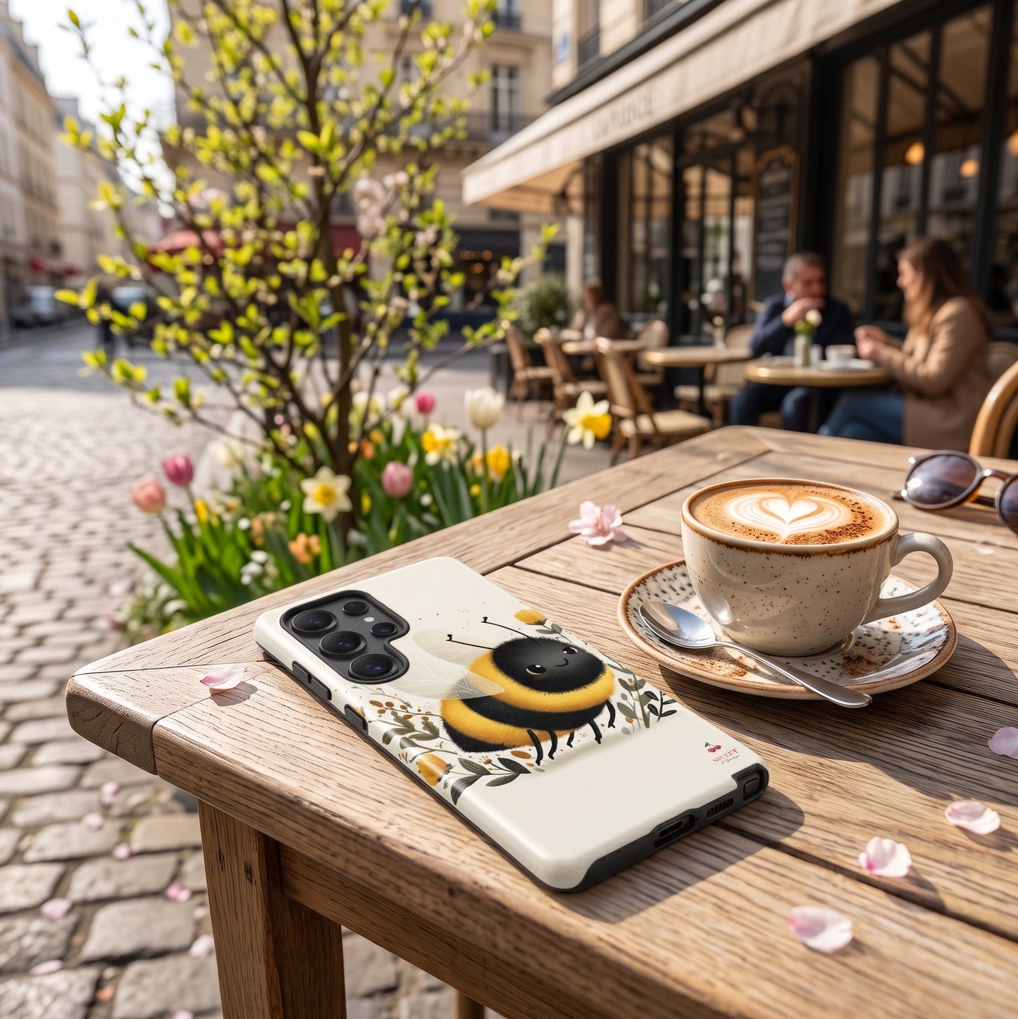 A Samsung case with a bumblebee illustration and floral pattern rests on a wooden cafe table next to a cup of coffee, with a blurred outdoor cafe scene in the background.
