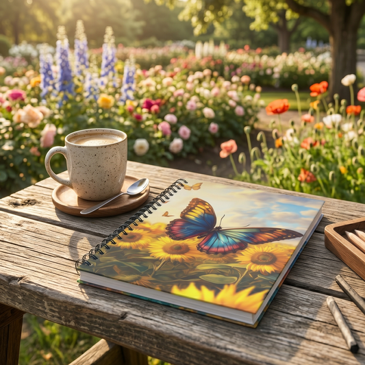 Spiral notebook featuring a butterfly illustration on wooden table in a flower garden. Next to the spiral notebook is a sup of coffee. 