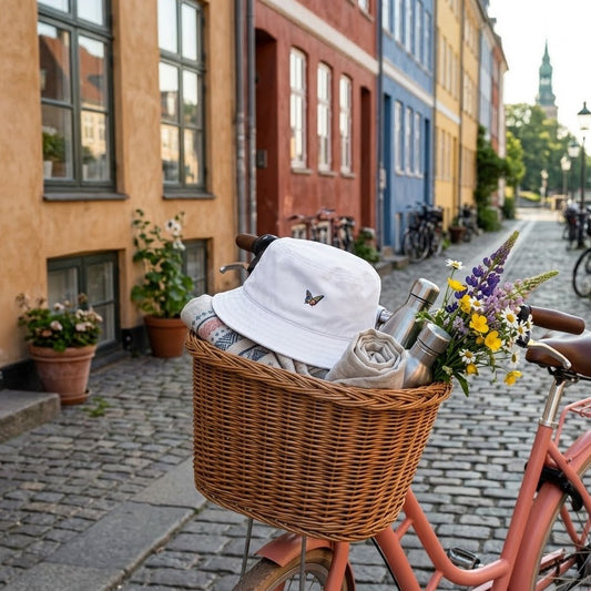 Bicycle with a basket containing a white bucket hat with a colorful butterfly, books, and flowers on a cobblestone street.