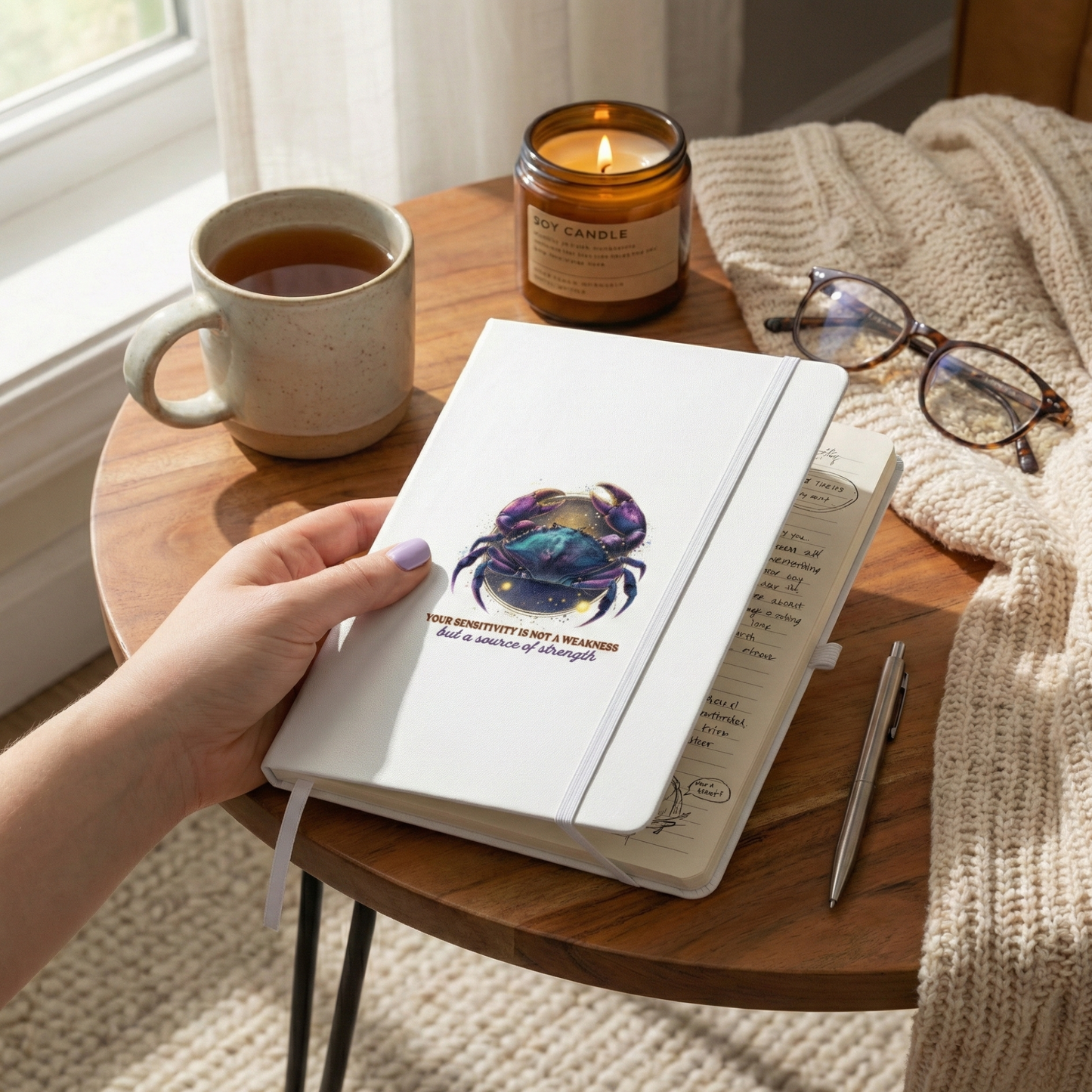 A lifestyle mockup of a white hardcover Cancer zodiac journal featuring a purple cosmic crab illustration and the quote 'Your sensitivity is not a weakness but a source of strength.' 