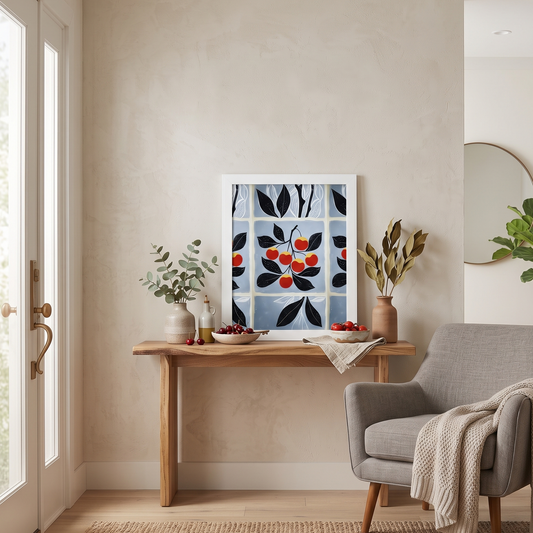 Nest interior with a wooden console table, gray armchair, and decorative wall art featuring red cherries and black leaves by Sweet and Savage.
