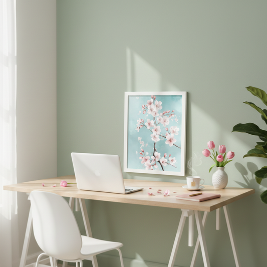 A vertical lifestyle mockup of a white-framed cherry blossom art print hanging on a soft sage green wall. The print is positioned above a minimalist light wood desk featuring a white laptop, a pink notebook, a steaming cup of tea, and a vase of fresh pink tulips in a bright, sun-drenched modern workspace.