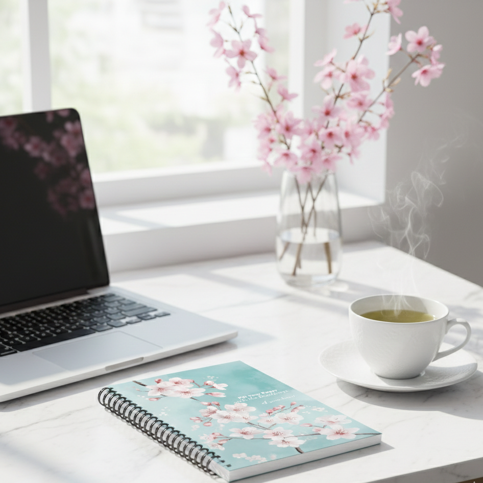 Laptop, notebook with cherry blossom design, and steaming cup of tea on a desk with cherry blossom branches.